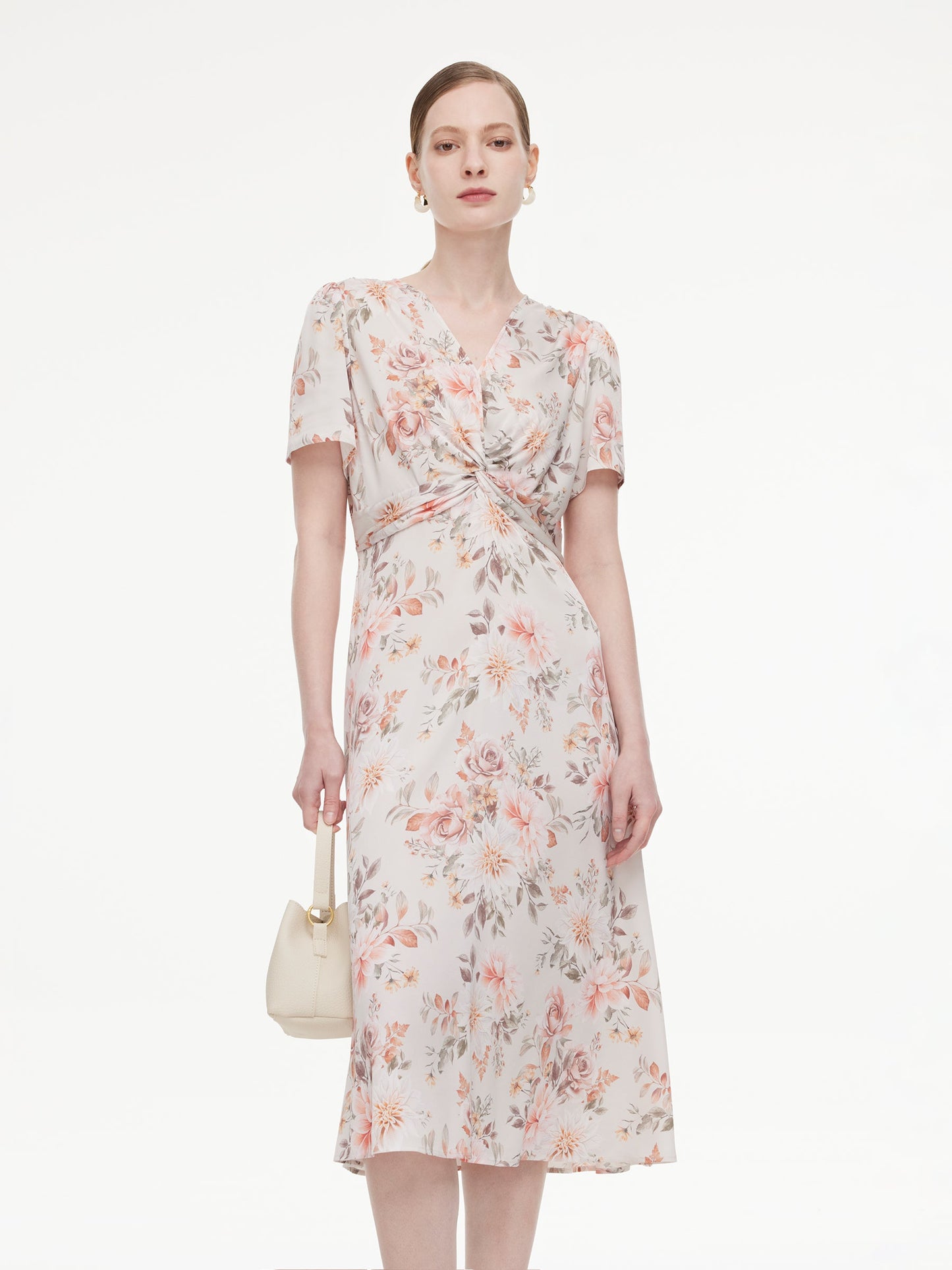 19MM Mulberry Silk Floral Print Twist Front Women Midi Dress