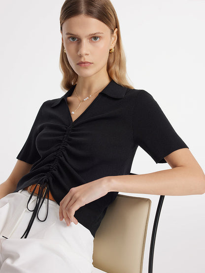 V-Neck Drawstring Lapel Knitted Women Top