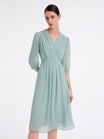 V-Neck Pleated Lace Up Wrap Midi Dress
