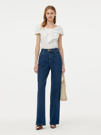 100% Cotton Bow Top And Adjustable Waist Denim Jeans Two-Piece Set