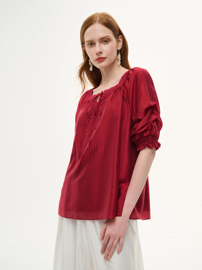 Tencel Blend Embroidered Square Neck Women Blouse