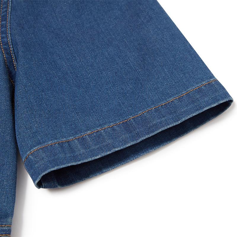 V-neck Gathered Waist Denim Midi Collared Dress