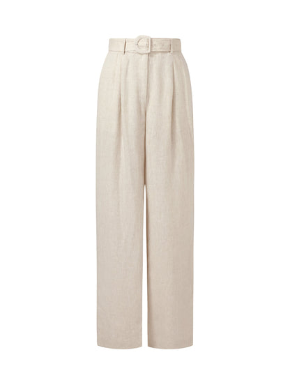 100% Linen Women Straight Leg Pants With Belt