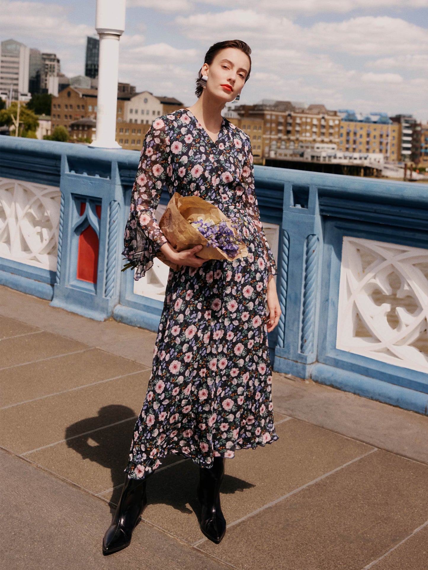 10MM Mulberry Silk Floral Print Women V-Neck Maxi Dress