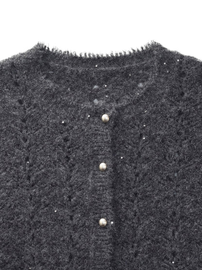 Alpaca Wool Blend Frayed Edges Women Open-Knit Cardigan