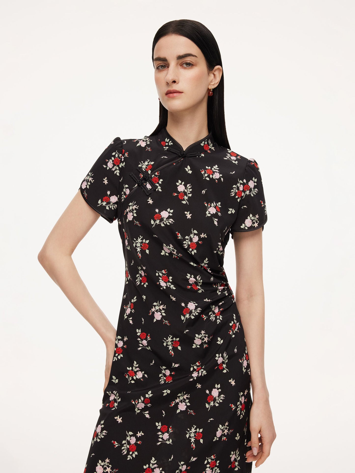 16MM Mulberry Silk Rose Print Women Qipao Midi Dress