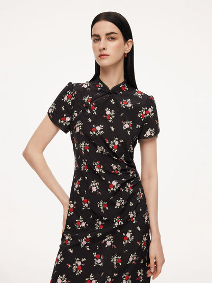 16MM Mulberry Silk Rose Print Women Qipao Midi Dress