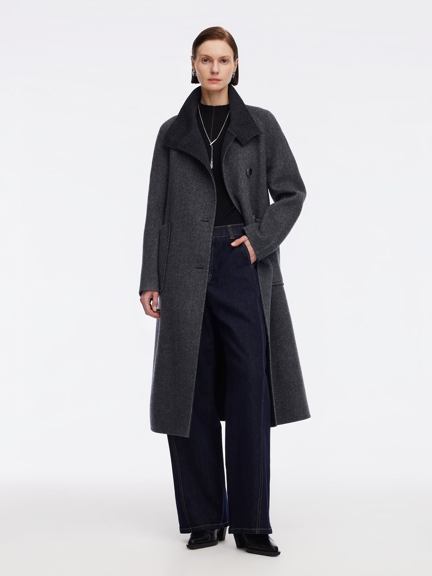 Cashmere Wool Blend Double-Faced Women Self-Tie Belt Overcoat