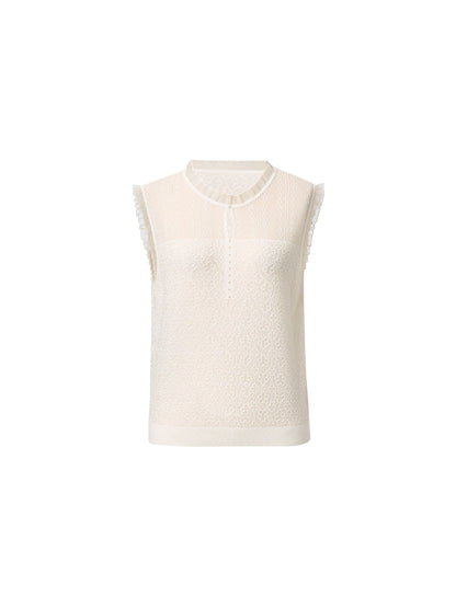 Jacquard Cut Out Neckline Women Ruffle Knit Tank Top