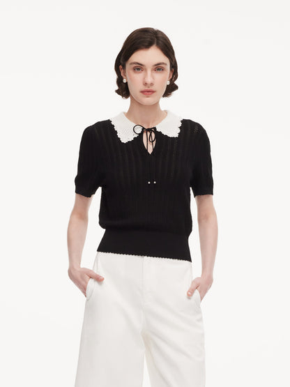 Tencel Blend Color Block Tie Front Women Openwork Knit Top