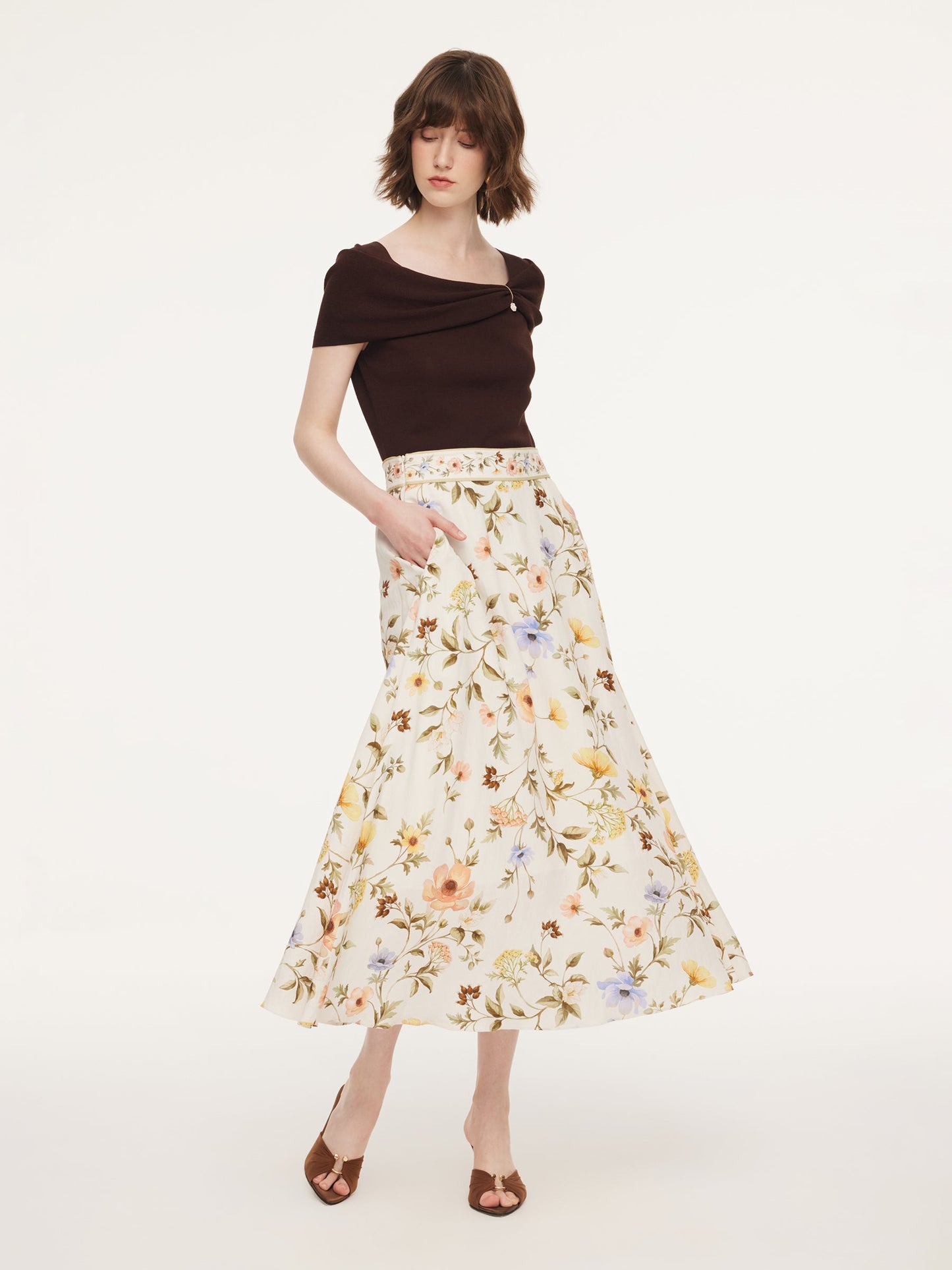 Tencel Blend Floral Print Women A-Line Skirt With Scrunchie