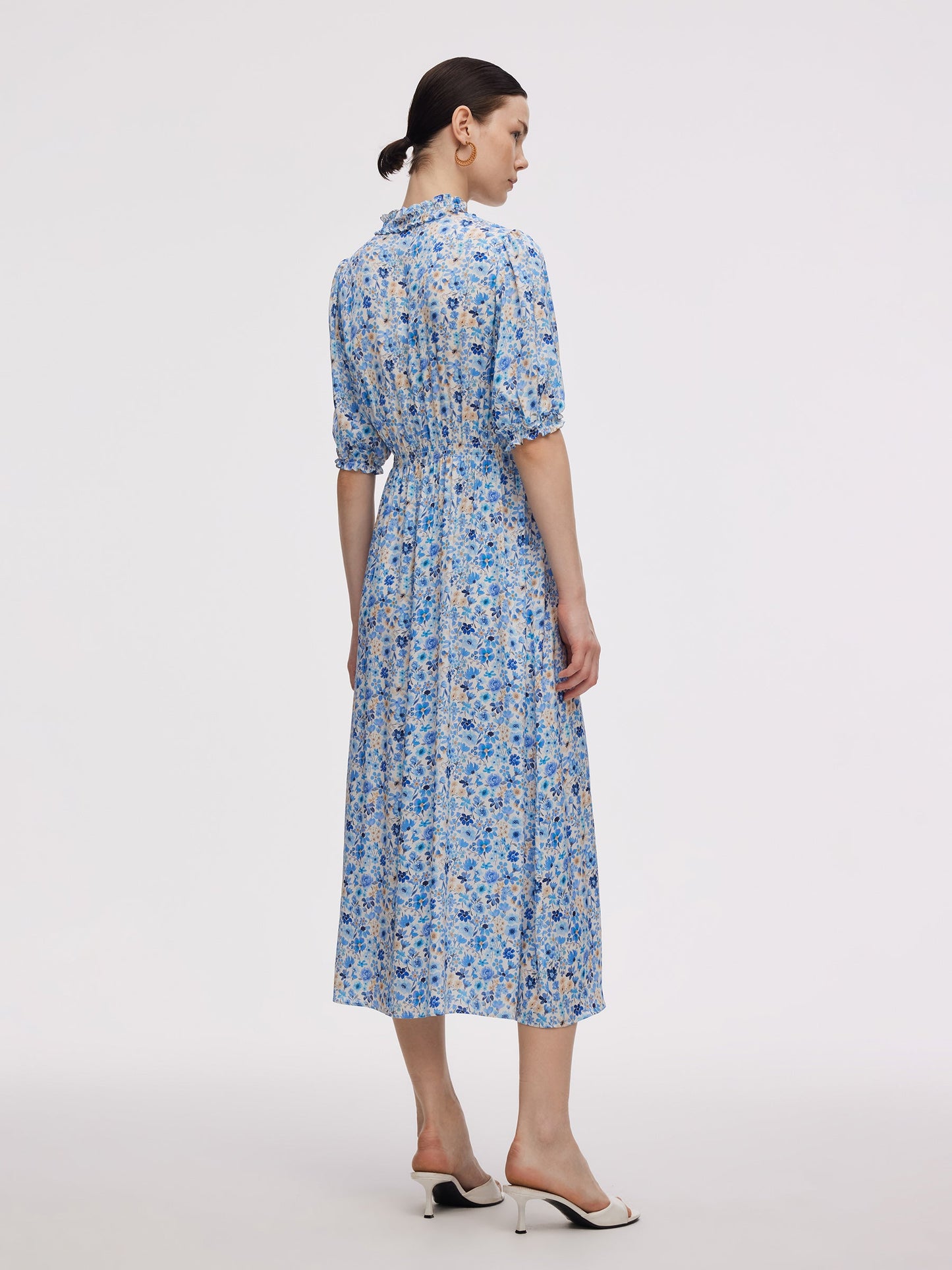 19MM Mulberry Silk Floral Print Ruffle Collar Maxi Dress