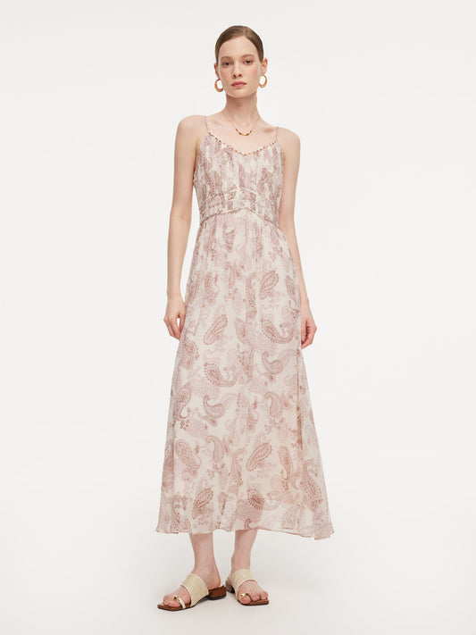 10MM Mulberry Silk Paisley Print Women Strap Maxi Dress