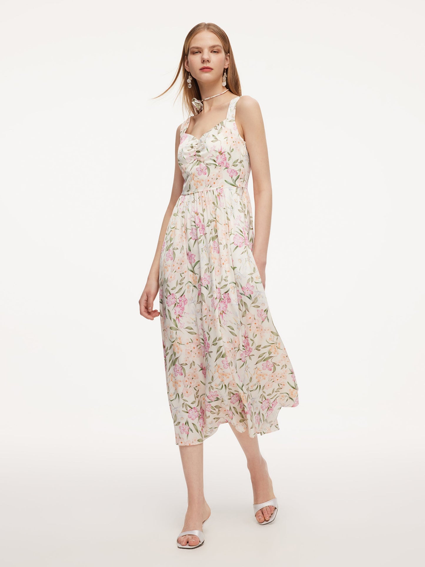 19MM Mulberry Silk Floral Print Women Maxi Dress With Ribbon