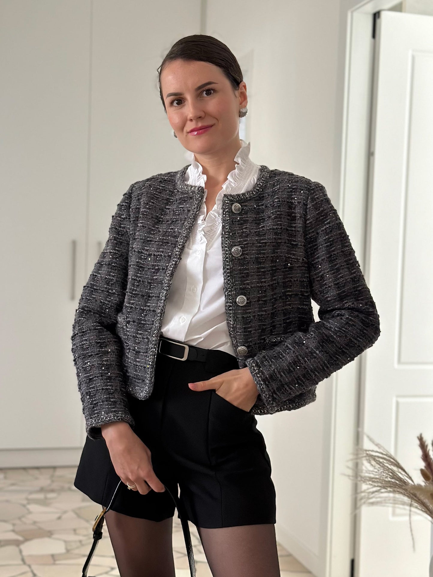Wool Blend Tweed Sequins Women Crop Jacket
