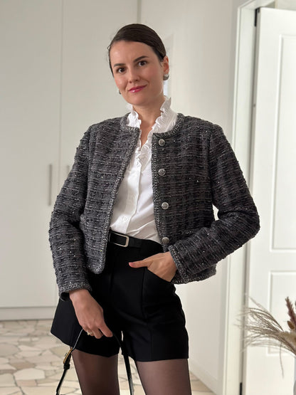 Wool Blend Tweed Sequins Women Crop Jacket