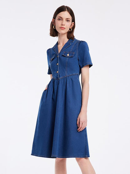V-neck Gathered Waist Denim Midi Collared Dress