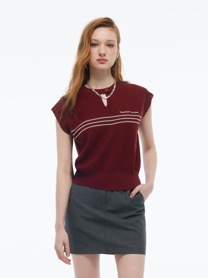 Tencel Blend Stripe Letter Print Women Cap Sleeve Knit Top