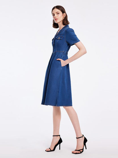 V-neck Gathered Waist Denim Midi Collared Dress