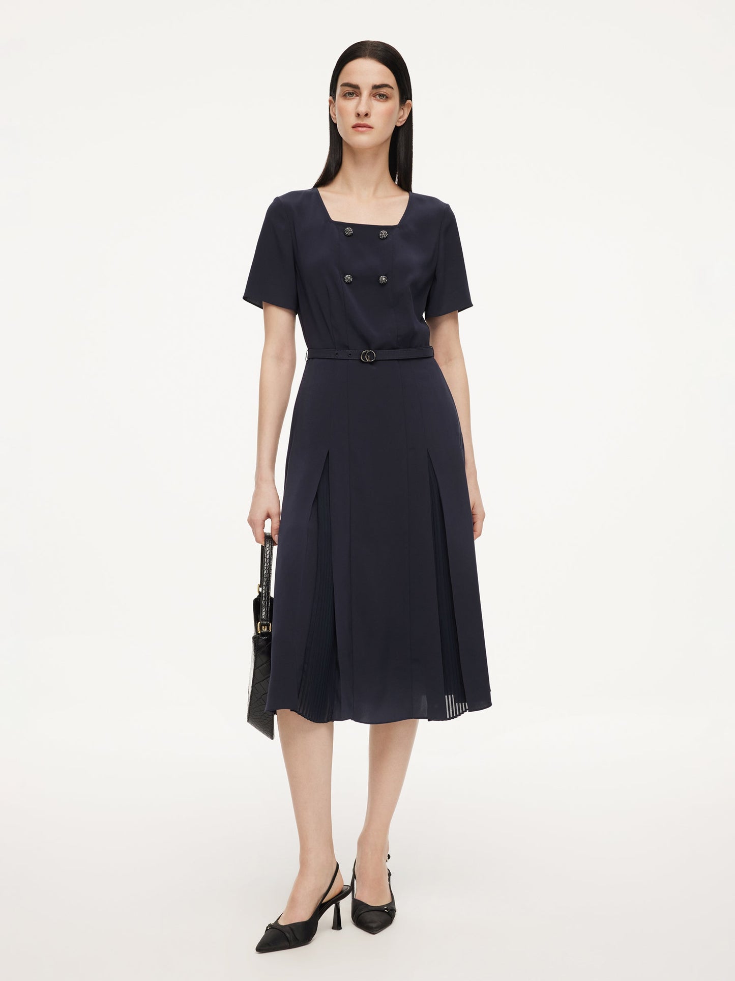 Triacetate Blend Square Neck Women Midi Dress With Belt