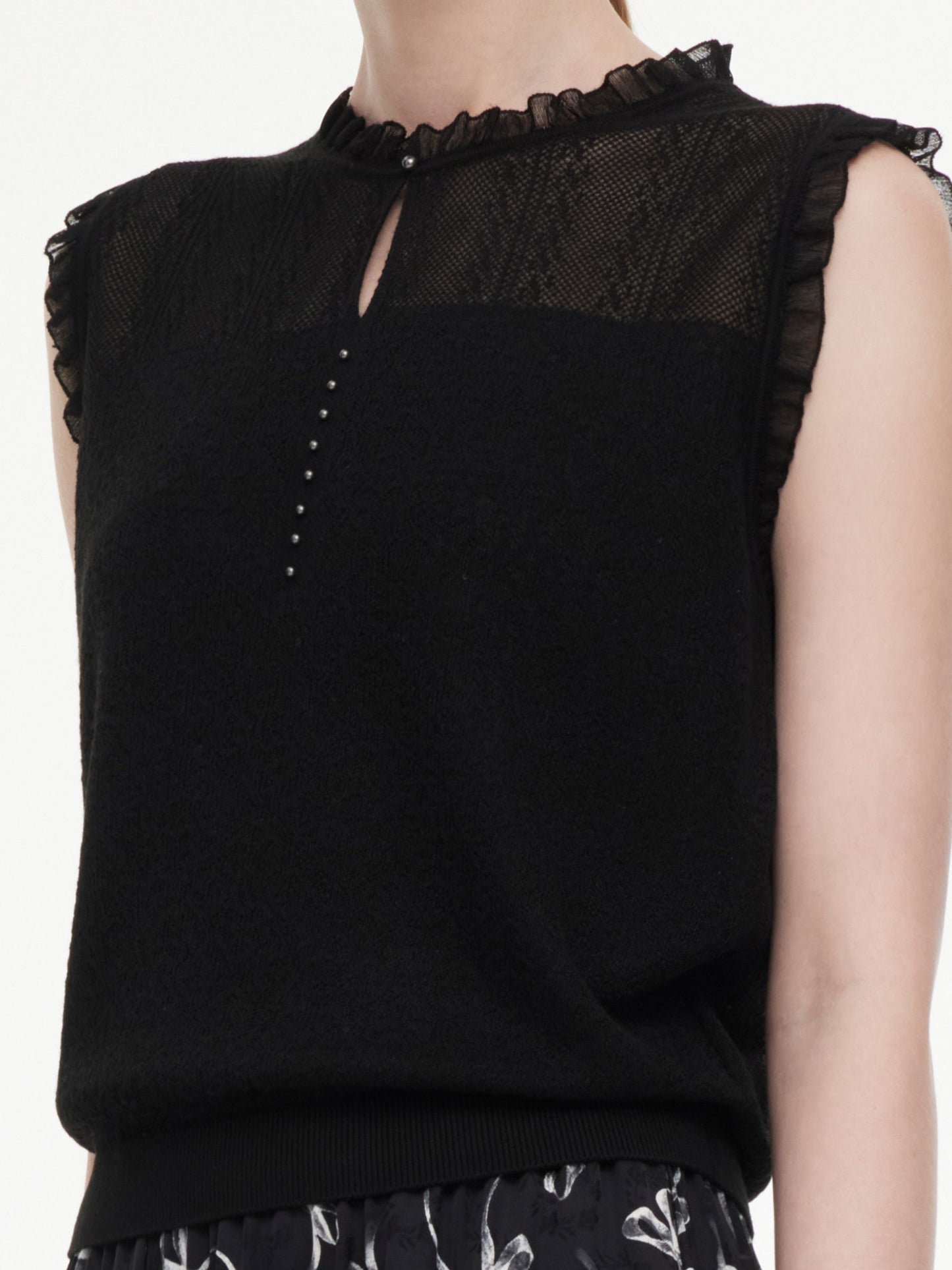 Jacquard Cut Out Neckline Women Ruffle Knit Tank Top