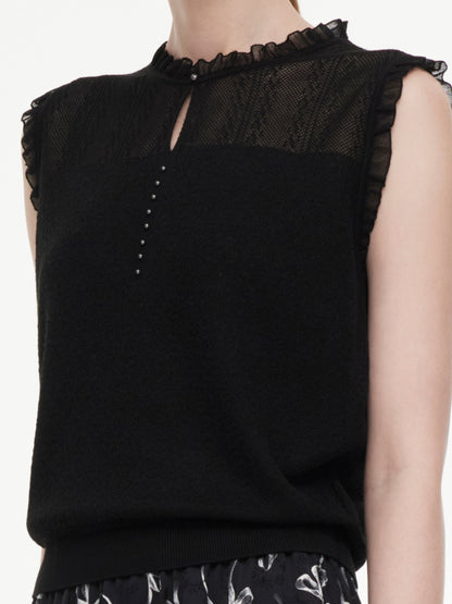 Jacquard Cut Out Neckline Women Ruffle Knit Tank Top
