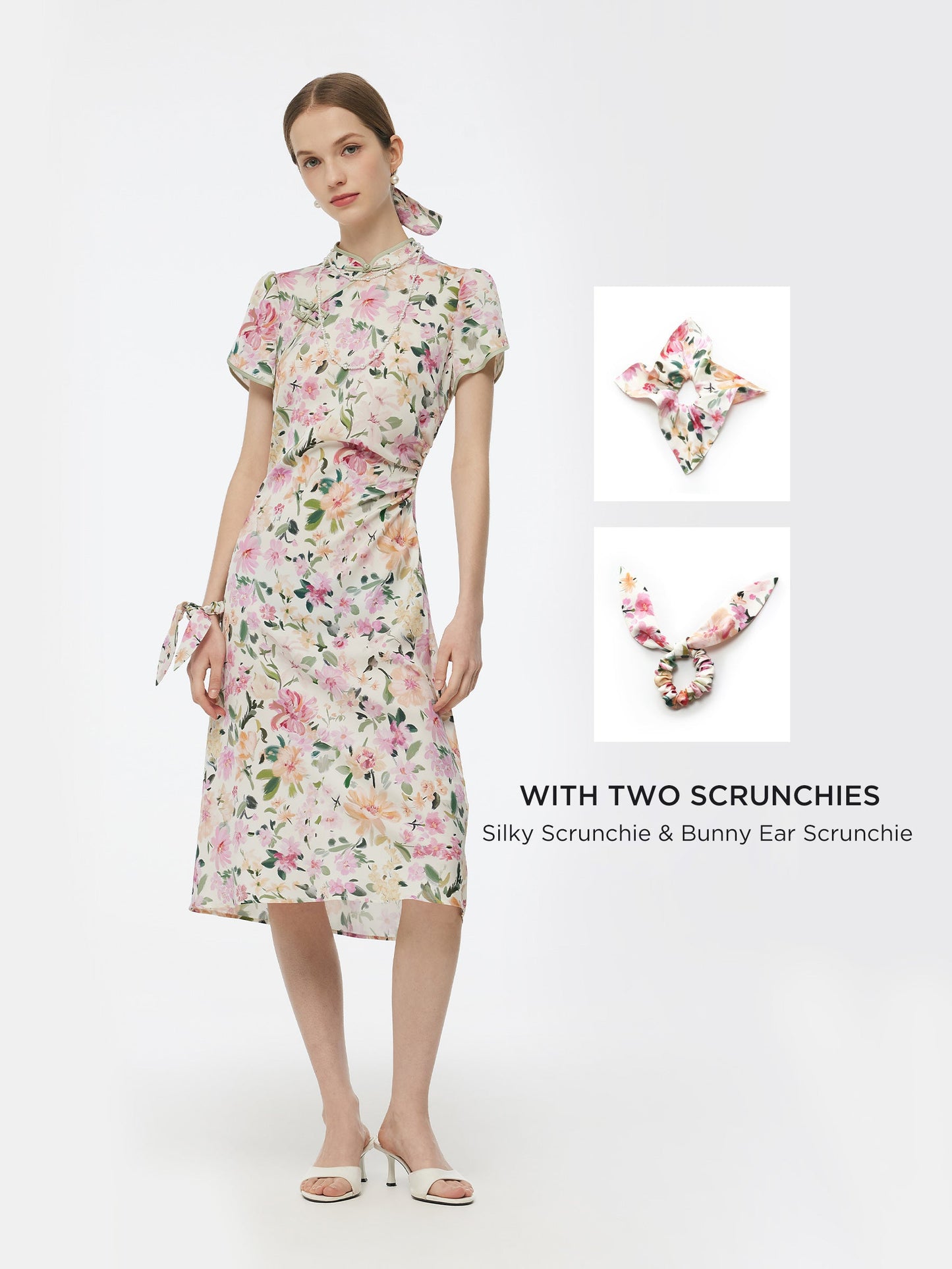 19MM Mulberry Silk Floral Print Side Twist Women Qipao Midi Dress