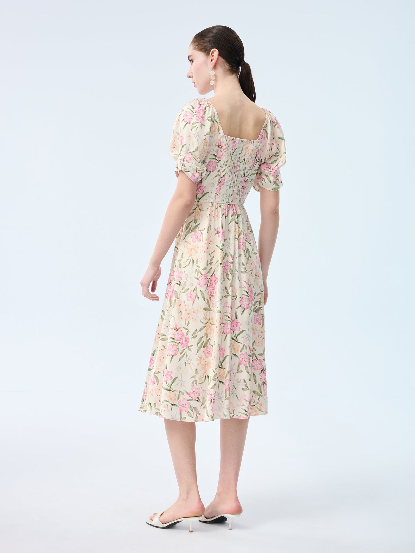 19MM Mulberry Silk Floral Print Women Square Neck Midi Dress