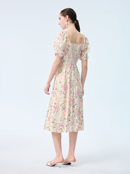 19MM Mulberry Silk Floral Print Women Square Neck Midi Dress