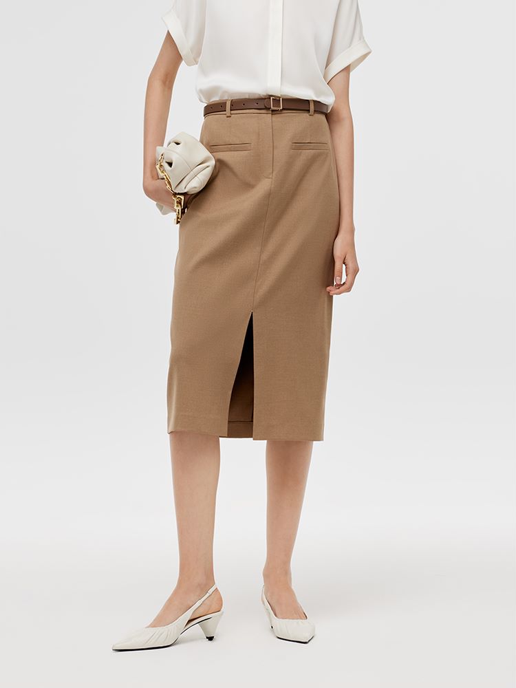 Basic Straight Slit Women Skirt With Belt