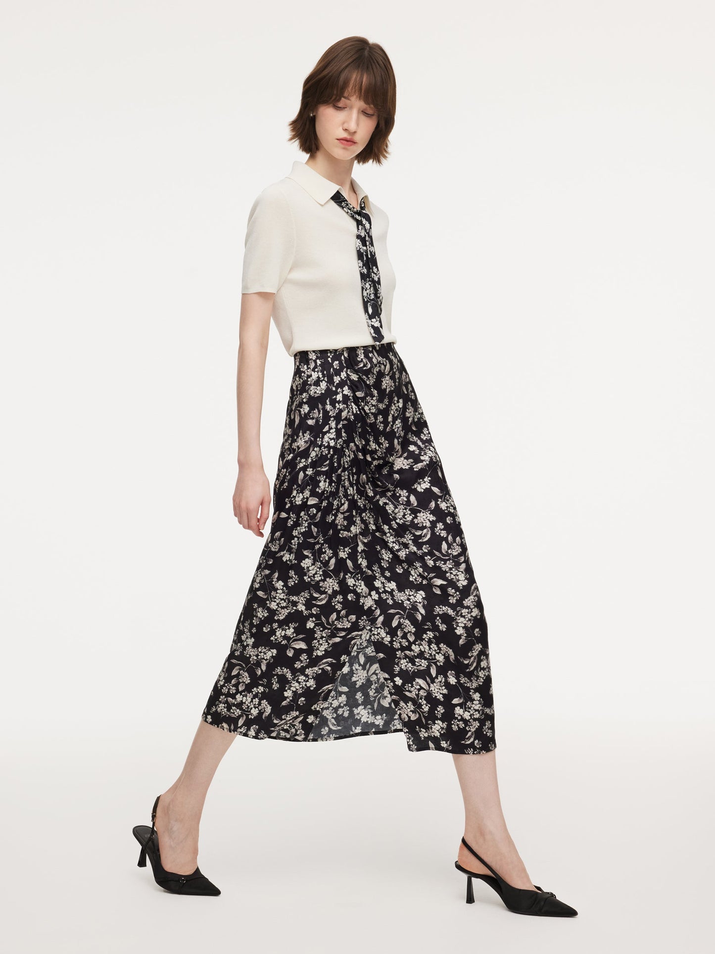 Floral Print Side Slit Twist Front Women H-Line Skirt