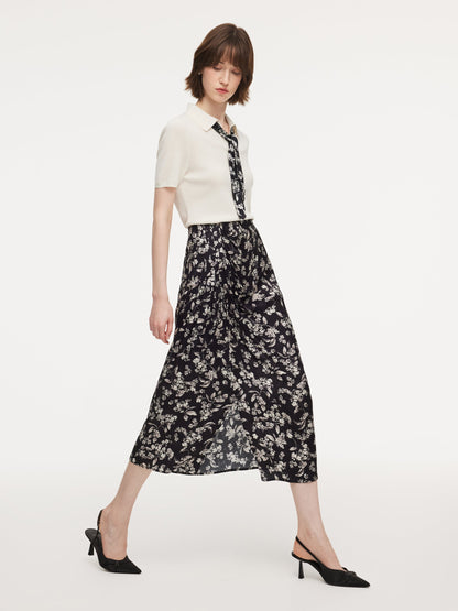 Floral Print Side Slit Twist Front Women H-Line Skirt