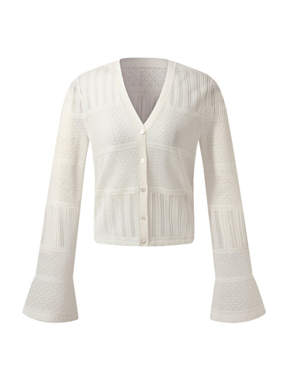 Tencel Blend Openwork Women Flared Sleeve Cardigan
