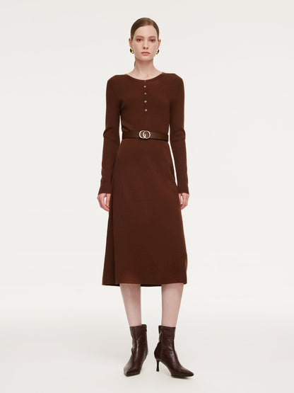 Tencel Wool Blend Women Midi Dress With Leather Belt