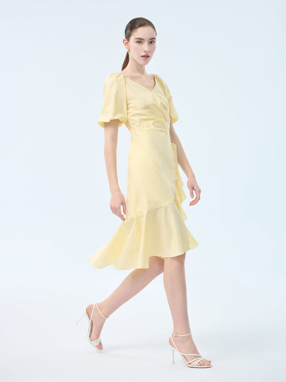 100% Cotton Ruffle Puff Sleeve Women Wrap Midi Dress