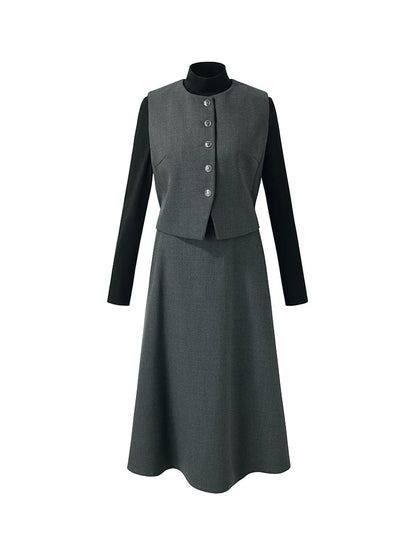 Wool Blend Vest And Skirt And Knit Top Three-Piece Set
