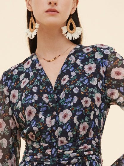10MM Mulberry Silk Floral Print Women V-Neck Maxi Dress