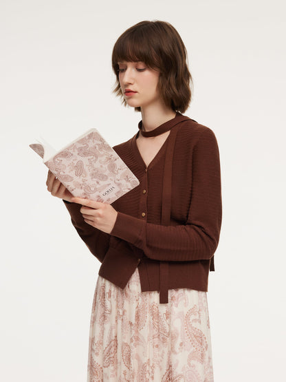 Tencel Wool Blend V-Neck Women Cardigan With Detachable Ribbon