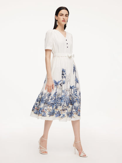 Tencel Linen Floral Print Women V-Neck Midi Dress With Self-Tie Belt