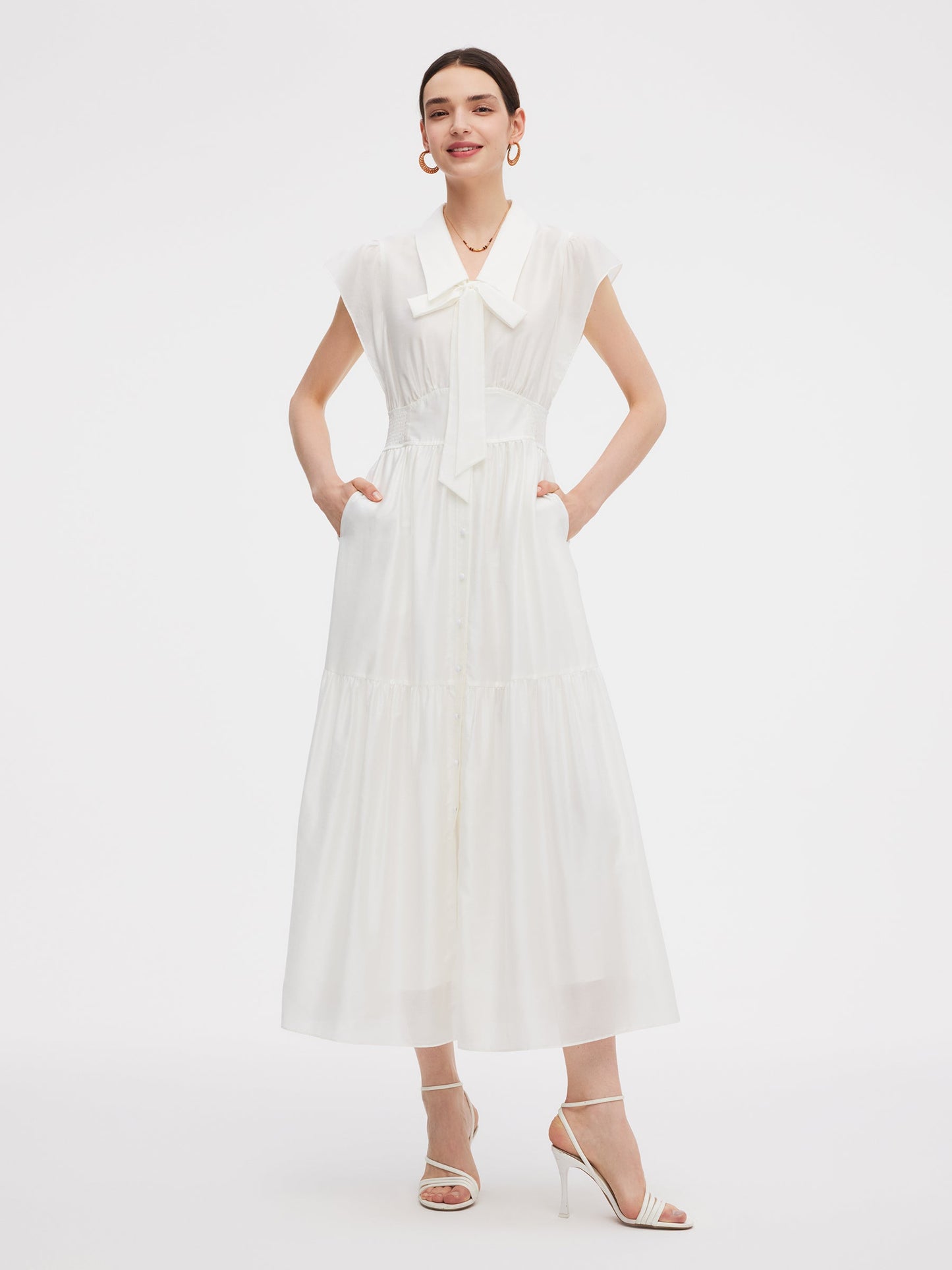 Tencel Blend Women Cap Sleeve Maxi Dress With Ribbon