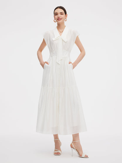 Tencel Blend Women Cap Sleeve Maxi Dress With Ribbon