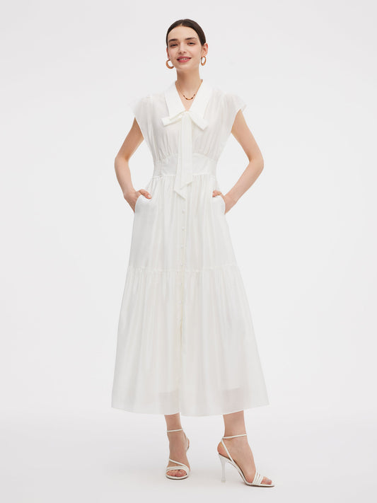 Tencel Blend Women Cap Sleeve Maxi Dress With Ribbon