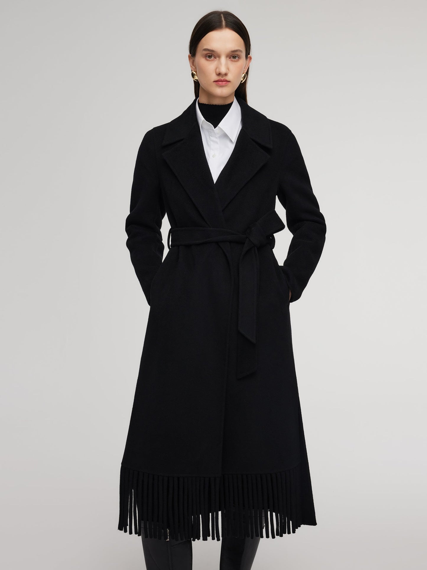 Cashmere Wool Blend Fringe Hem Women Wrap Overcoat