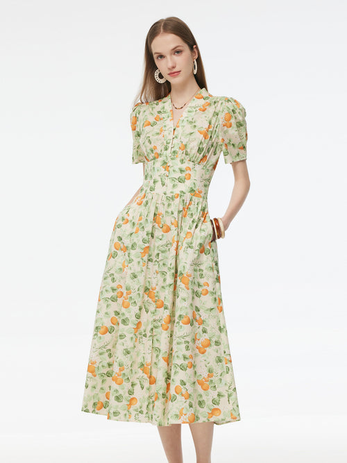 Cotton Gathered Waist Floral Print Women Maxi Dress
