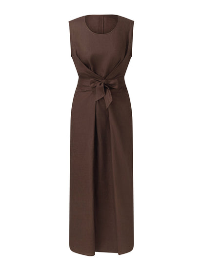 100% Linen Twist Front Women Sleeveless Maxi Dress