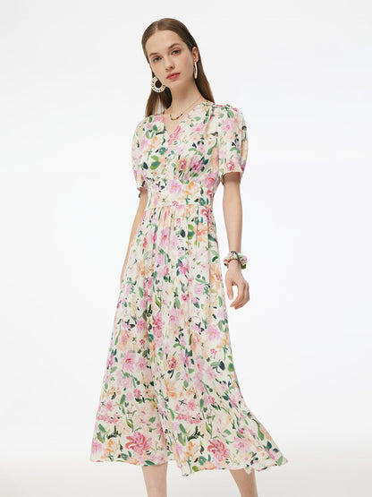 19MM Mulberry Silk Floral Print V-Neck Women Maxi Dress
