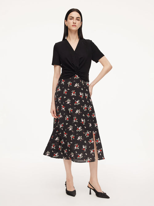 16MM Mulberry Silk Acetate Blend Patchwork Women Side Slit Maxi Dress