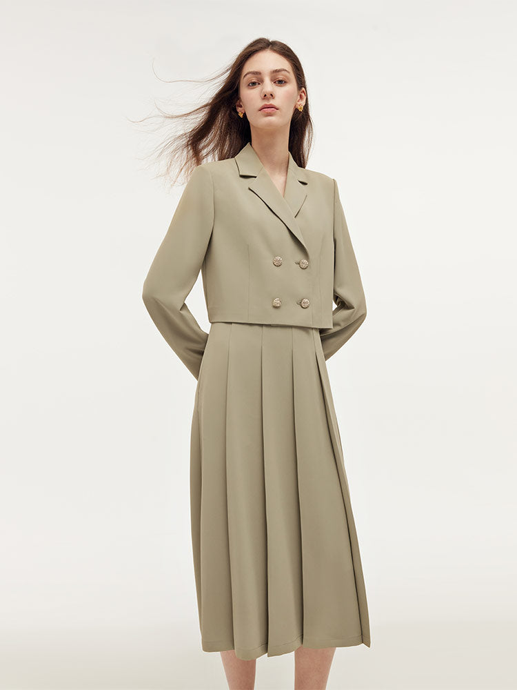 Crop Blazer And Camisole And Pleated Midi Skirt Three-Piece Set