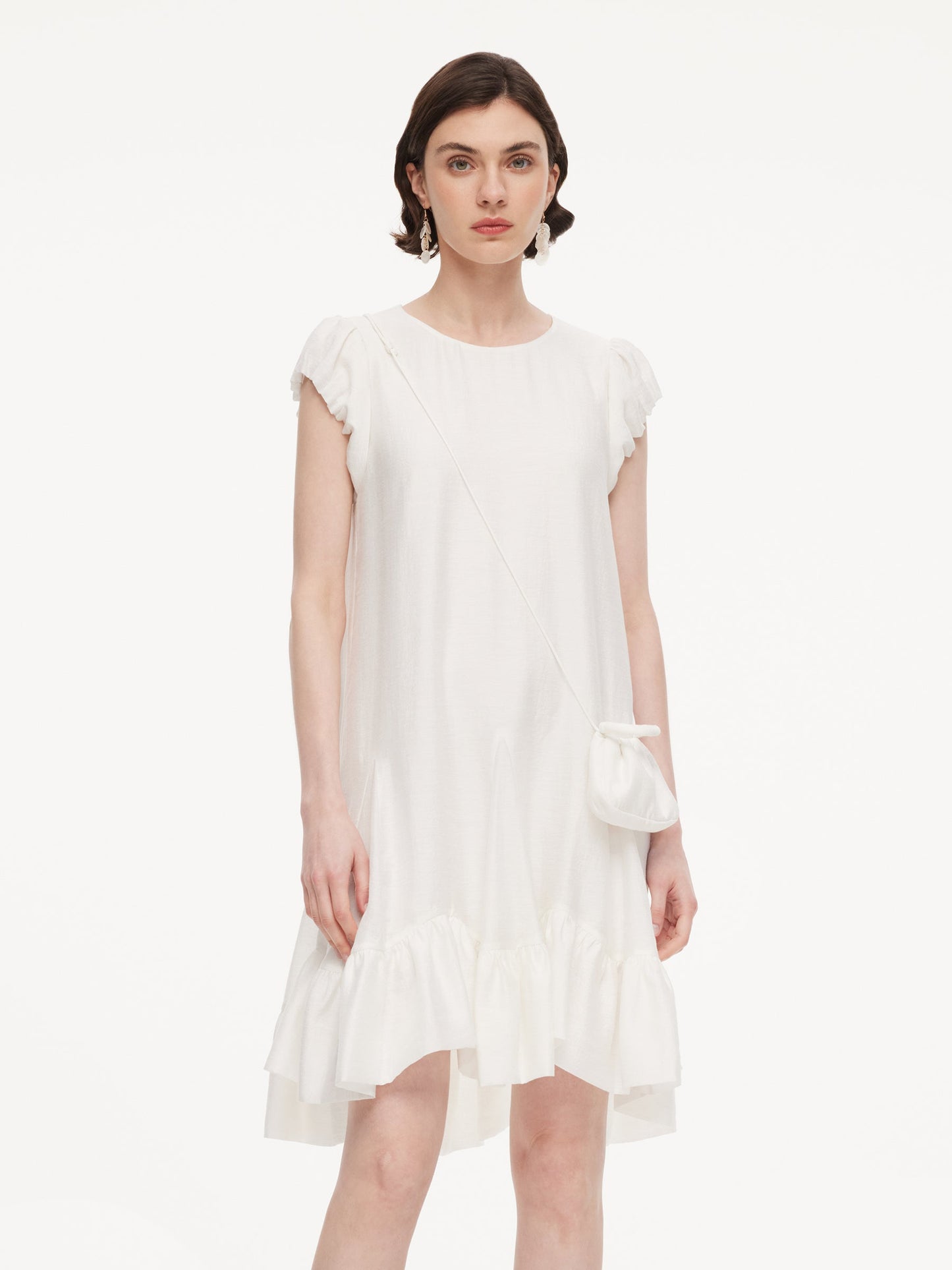 Lyocell Acetate Linen Blend Ruffle Hem Women Mini Dress With Crossbody Bag