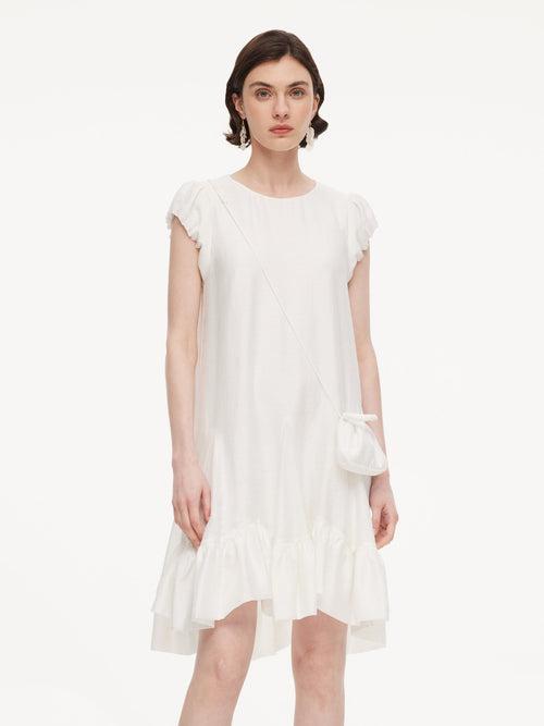 Lyocell Acetate Linen Blend Ruffle Hem Women Mini Dress With Crossbody Bag